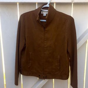 Petite Sophisticate Mixed Media Ribbed Faux Suede Full Zip Sweater Bomber Jacket